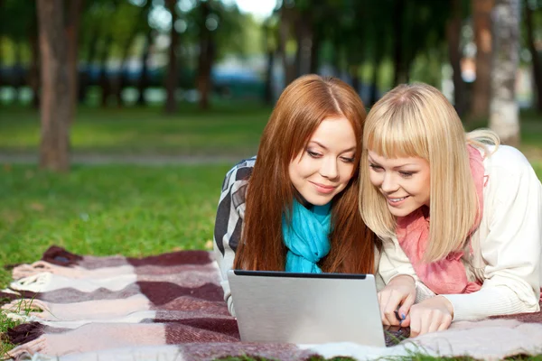 Two sisters with laptop in the park — Stock Photo, Image