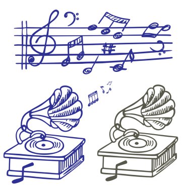 Music doodle. Set of vector music note and gramophone doodle. clipart