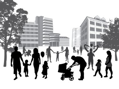 Families walking in the town. Lifestyle ,urban background. clipart