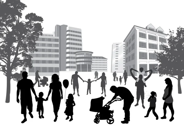 Familles marchant dans la ville. Mode de vie, fond urbain . — Image vectorielle