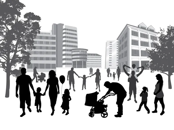 Şehirde yürüyüş aileler. yaşam tarzı, kentsel arka plan. — Stok Vektör