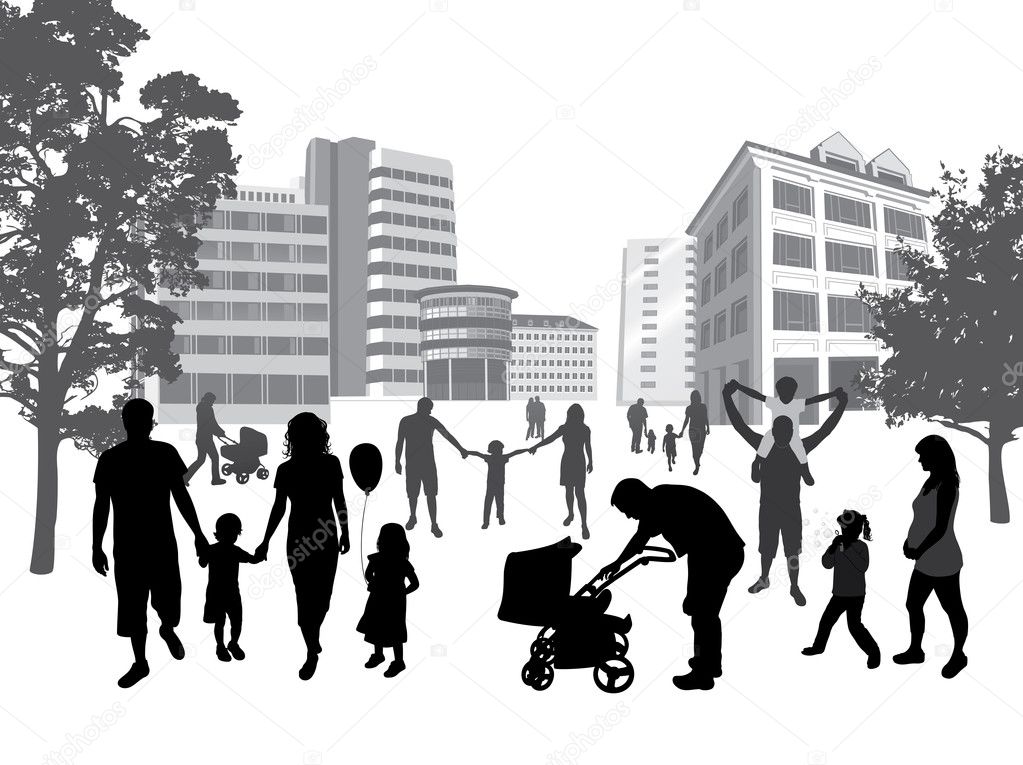 Families walking in the town. Lifestyle ,urban background.