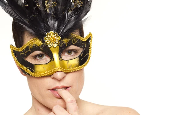 Beautiful mature woman in venetian mask on white isolated background — Stock Photo, Image