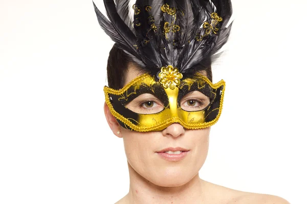 Beautiful mature woman in venetian mask on white isolated background — Stock Photo, Image