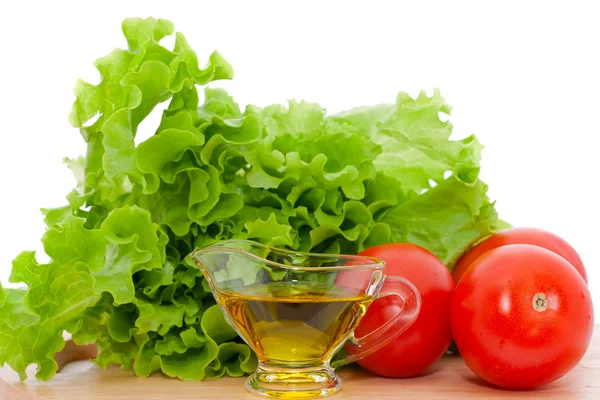 Azeite, salada e tomate — Fotografia de Stock