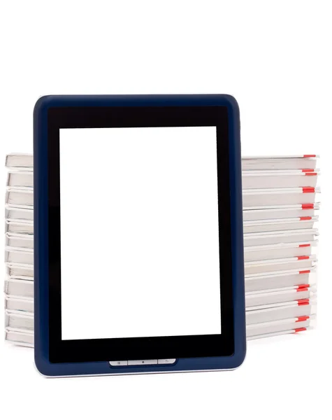 stock image E-book reader and stack of books