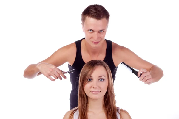 De kapper man en een vrouw-client — Stockfoto