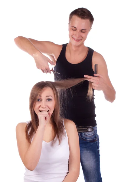 Fryzjer mężczyzna i kobieta klienta — Zdjęcie stockowe