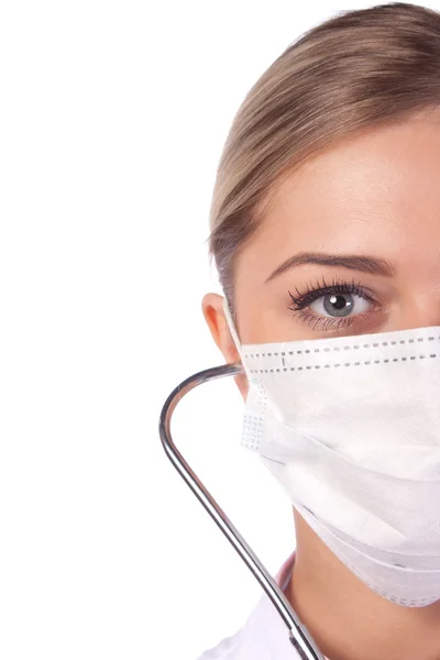 Retrato de uma menina médica em uma máscara. fonendoscópio — Fotografia de Stock