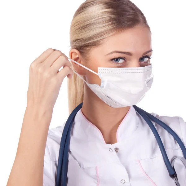Portrait of a girl doctor in a mask. remove — Stock Photo, Image