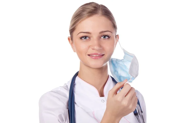 Portret dziewczyny lekarza w masce. Usuń — Zdjęcie stockowe