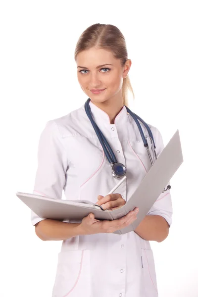 Porträtt av en flicka doktorn med en mapp. skriva — Stockfoto