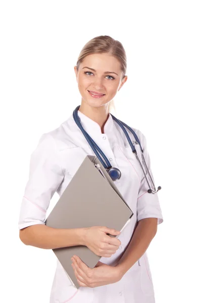 Portrait of a girl doctor with a folder. write Royalty Free Stock Photos