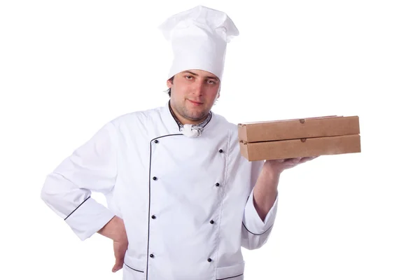 Чоловічий шеф-кухар тримає коробку для піци — стокове фото