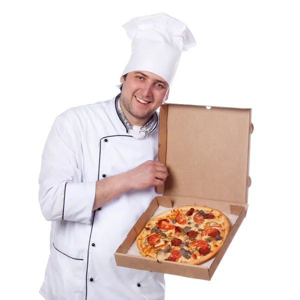 Чоловічий шеф-кухар тримає відкриту коробку для піци Ліцензійні Стокові Зображення