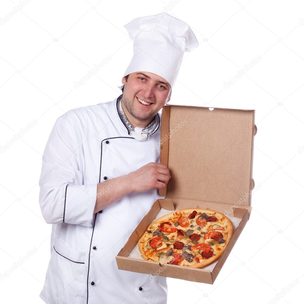 Male chef holding a pizza box open