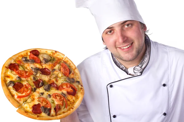 Manlig kock håller en pizza box öppna — Stockfoto