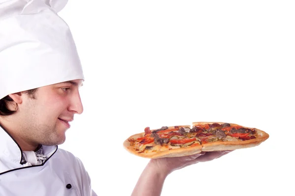 Chef masculino sosteniendo una caja de pizza abierta — Foto de Stock