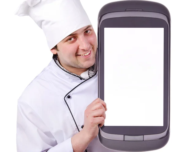 stock image Cook holds a giant phone