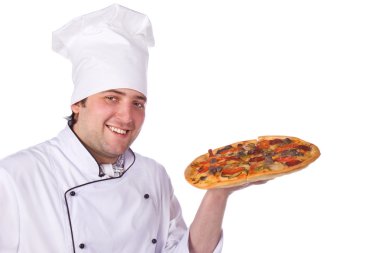 erkek aşçı tutan bir pizza kutusu açma
