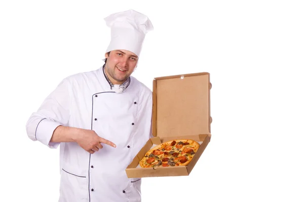 Koch hält Pizzaschachtel offen — Stockfoto