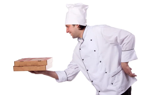 Male chef holding a pizza box open — Stock Photo, Image
