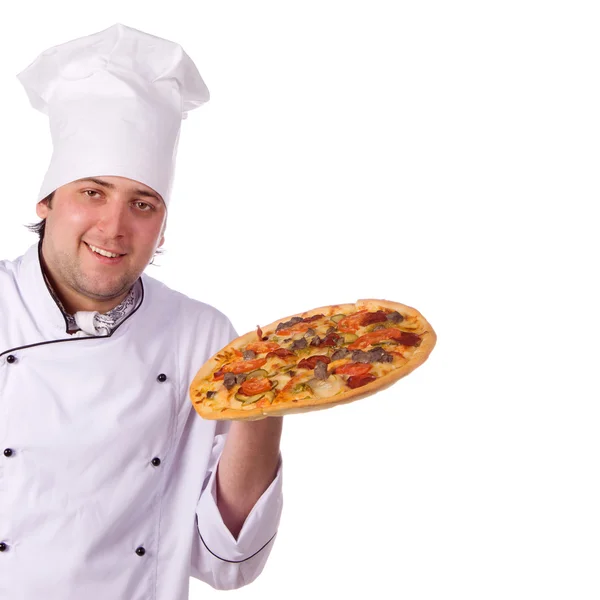 Mannelijke chef-kok een doos van de pizza bedrijf openen — Stockfoto