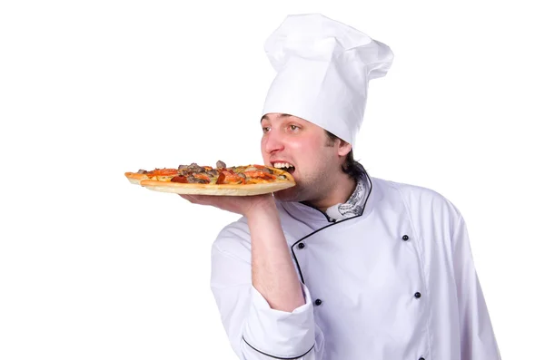 Male chef holding a pizza box open Stock Picture