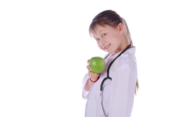 Chica, un médico, el niño, manzana — Foto de Stock