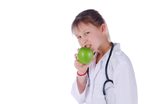 Girl, a doctor, the child, apple — Stock Photo, Image