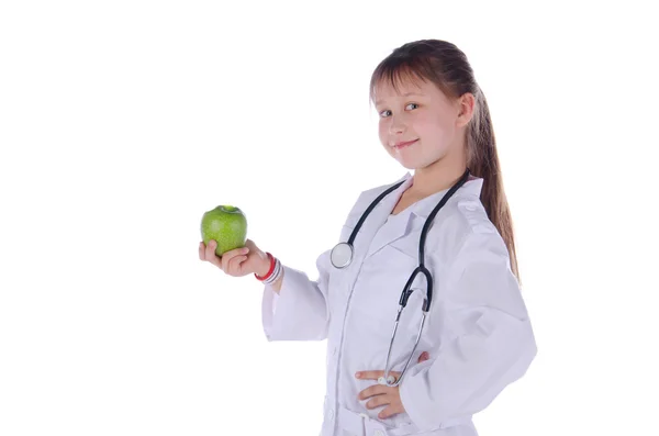 Ragazza, un medico, il bambino, mela — Foto Stock