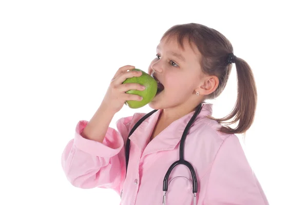 Dziewczyna, lekarz, dziecko, jabłko — Zdjęcie stockowe