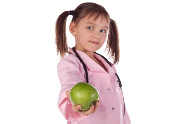 Menina, um médico, a criança, maçã — Fotografia de Stock