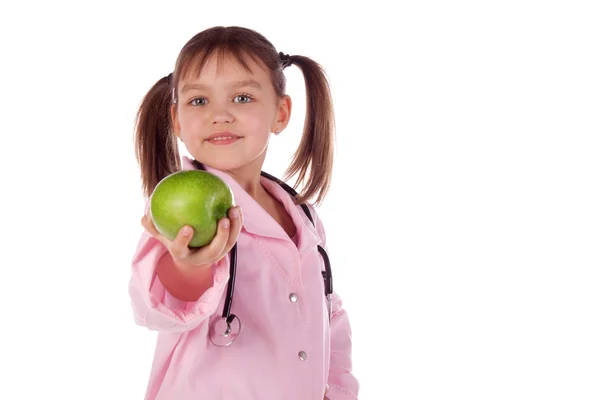 Girl, a doctor, the child, apple — Stock Photo, Image