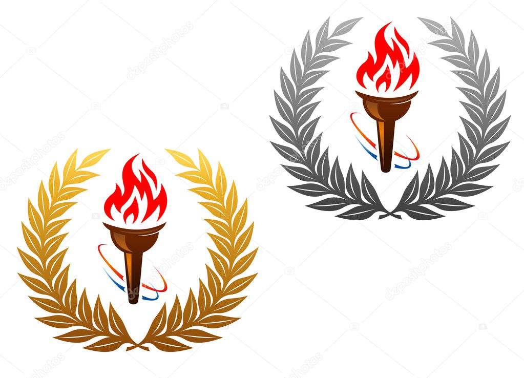 Flaming torch in golden and silver laurel wreath