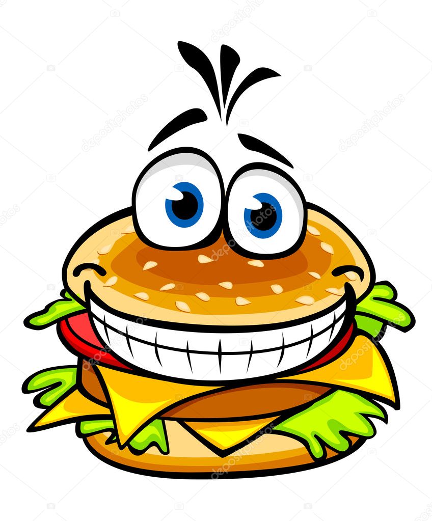 Appetizing smiling hamburger in cartoon style for fast food design