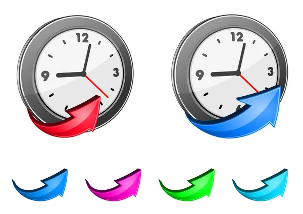 Clock icons and glossy arrows — Stock Vector