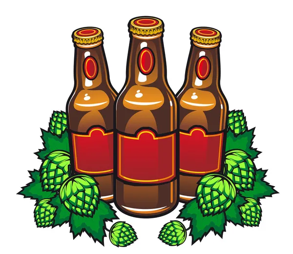 Botellas de cerveza y hop — Vector de stock