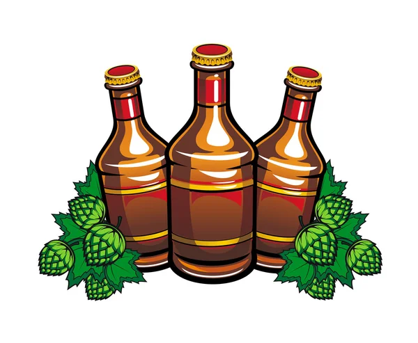 Пивні пляшки і листя хмелю — стоковий вектор