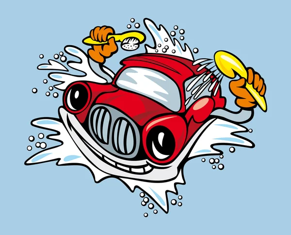 Lavagem de carro e limpeza com champô e esponja — Vetor de Stock