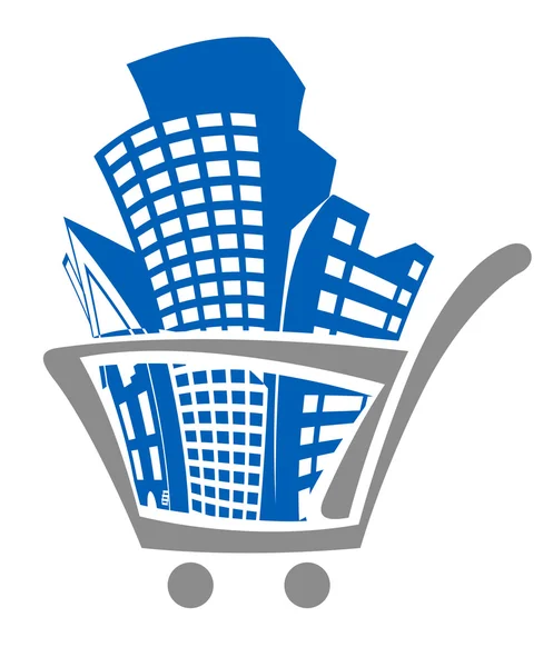 Shopping cart with buildings — Stock Vector