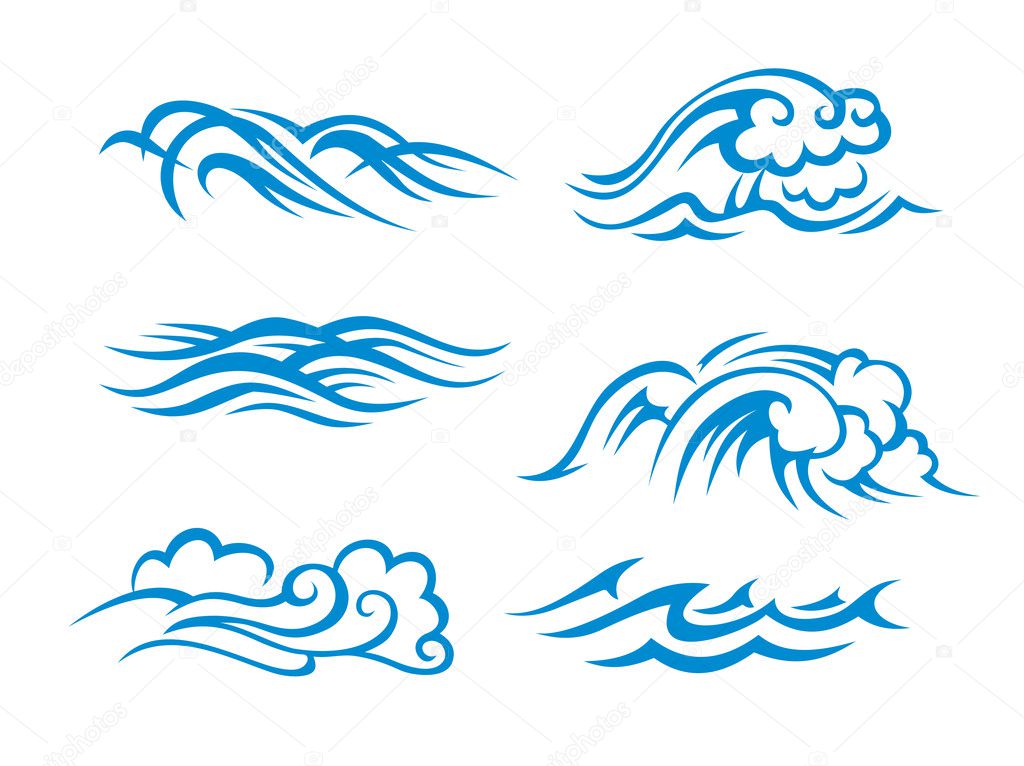 Sea and ocean surf waves set for design