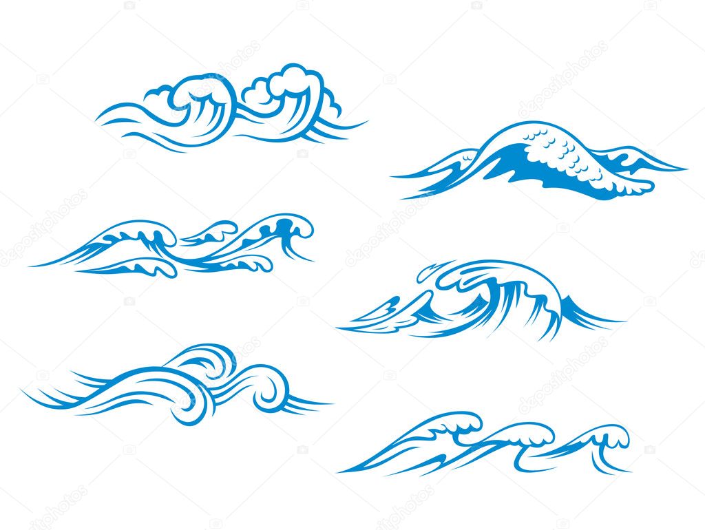 Blue sea waves set for design in cartoon style