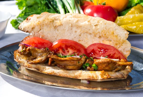 Lavash with grilled meat and vegetables — Stock Photo, Image