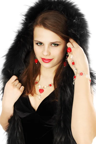 Brunette in a fur hood — Stock Photo, Image