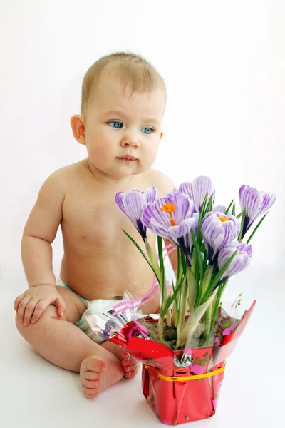 Çocuk çiçek görünüyor — Stok fotoğraf