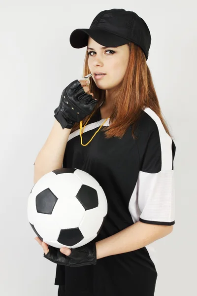 Vrouw voetballer en voetbaltrainer — Stockfoto