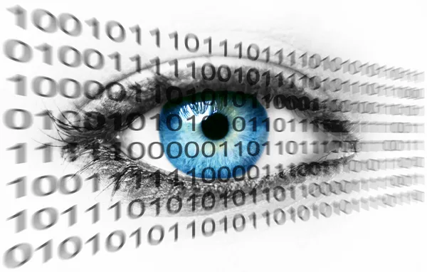 Μπλε ανθρώπινο μάτι και το δυαδικό σύστημα αριθμοί - έννοια της τεχνολογίας — Φωτογραφία Αρχείου