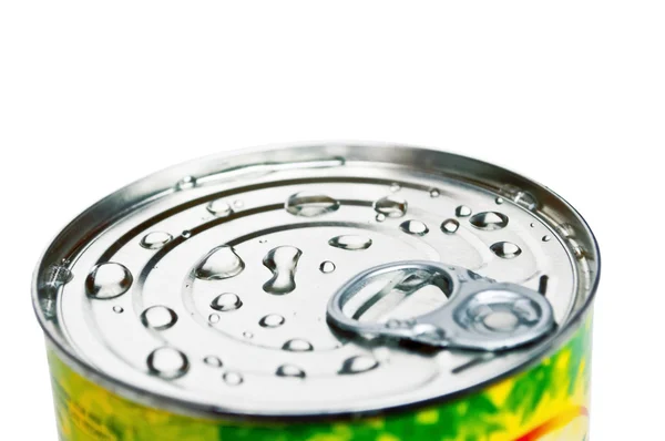 Aluminum can closeup with water drops on a white — Stock Photo, Image