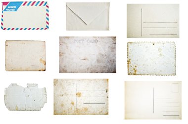 Set of grunge empty postcards and envelopes isolated on white ba clipart